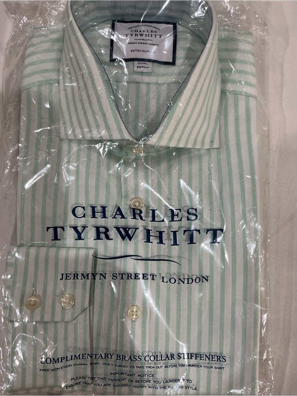 Charles Tyrwhitt Mint Green & White Striped Dress Shirt 15/34 Extra Slim Fit NWT